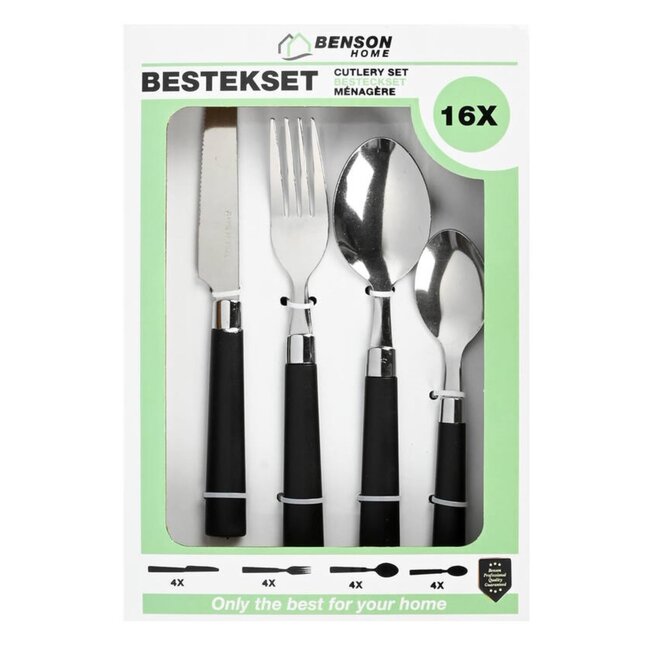 Benson 16-delige bestekset - Modern design - Zwarte handvaten - RVS - Vaatwasserbestendig