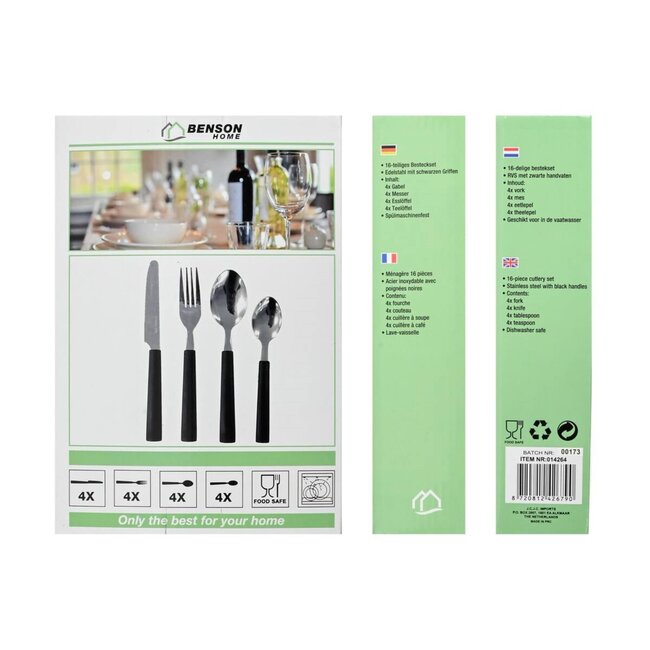 Benson 16-delige bestekset - Modern design - Zwarte handvaten - RVS - Vaatwasserbestendig