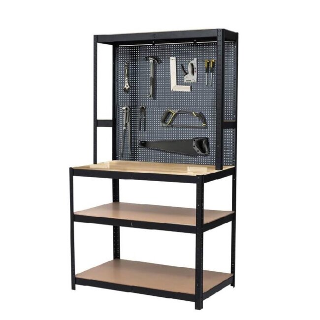 Benson Robuuste werkbank - hout en staal - 180x90x60 cm - met gereedschapswand en opbergruimte