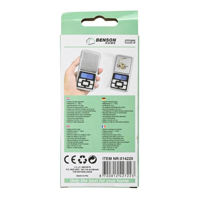 Benson Digitale precisieweegschaal - compact - nauwkeurig - 500 gram - LCD-scherm - tarrafunctie