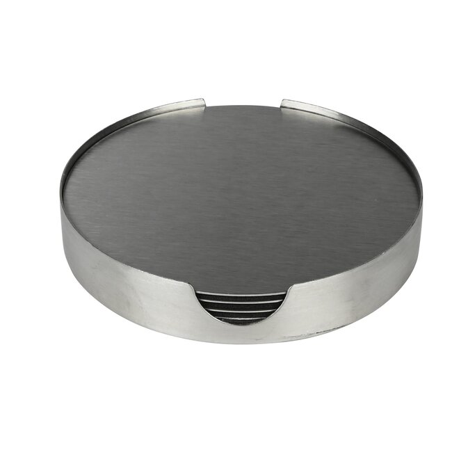 Benson Set van 6 zilveren RVS onderzetters met houder - 10 cm diameter - stijlvol en duurzaam