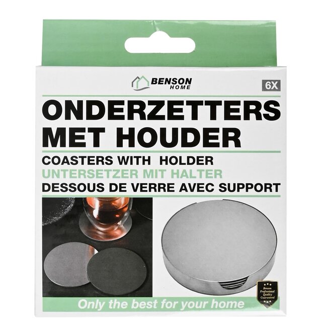 Benson Set van 6 zilveren RVS onderzetters met houder - 10 cm diameter - stijlvol en duurzaam