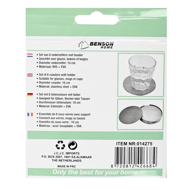 Benson Set van 6 zilveren RVS onderzetters met houder - 10 cm diameter - stijlvol en duurzaam
