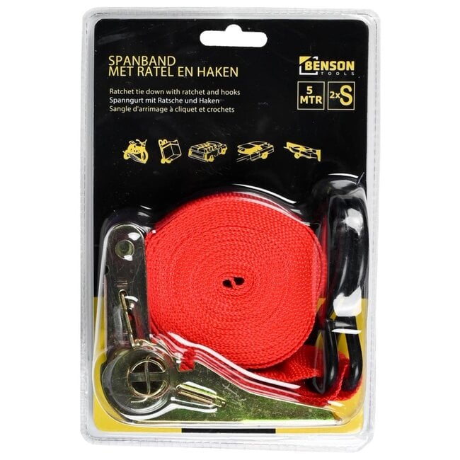 Benson Spanband - 5 meter - Ratel en Haken - Rood - Veilig Transport