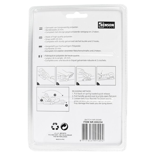 Benson Spanband - 5 meter - Ratel en Haken - Rood - Veilig Transport