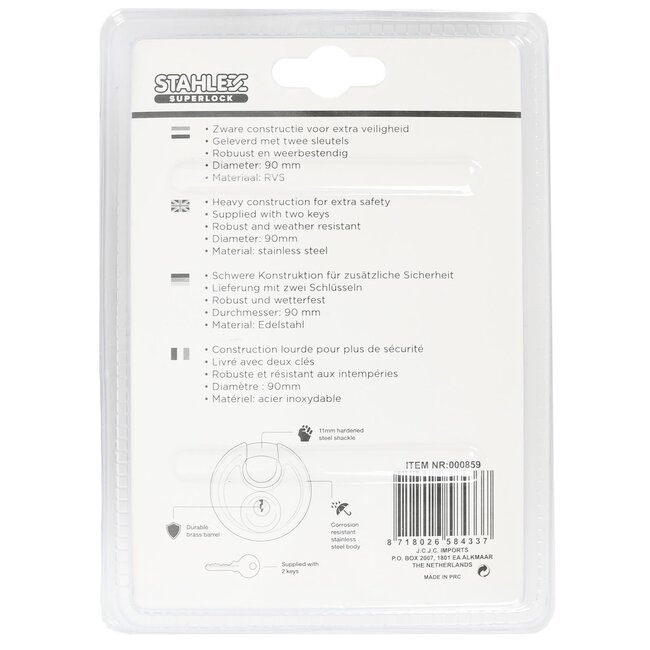 Stahlex Discusslot - RVS - Gehard Staal - Ø 90 mm - Inclusief Twee Sleutels
