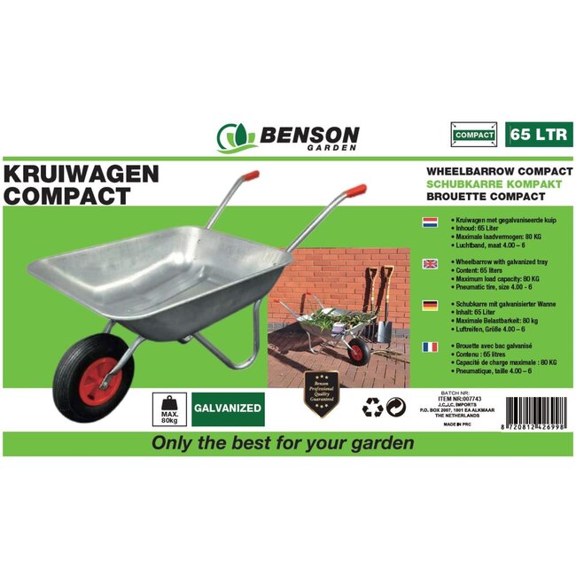 Benson Compacte kruiwagen - gegalvaniseerd staal - 65 liter - 80 kg laadvermogen