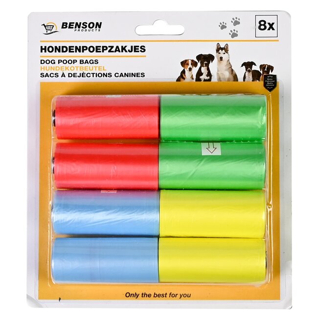Benson Kleurrijke hondenpoepzakjes - 8 rollen - 120 stuks - milieuvriendelijk - sterk HDPE-materiaal