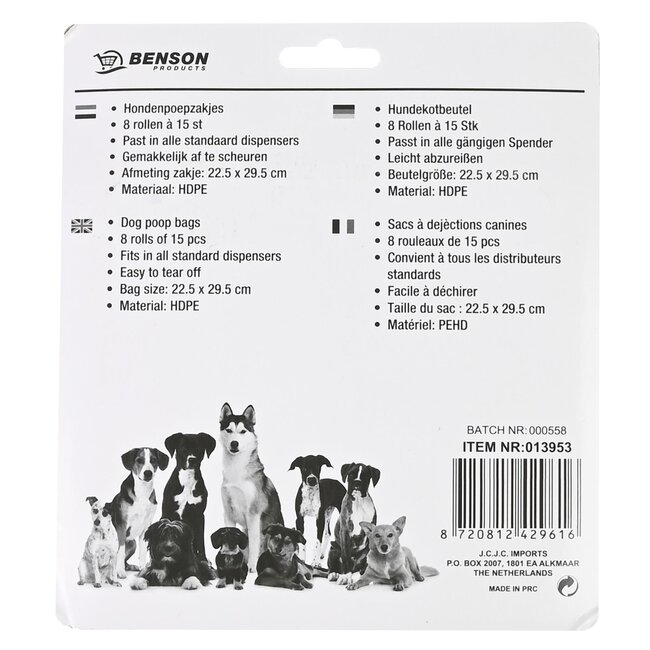 Benson Kleurrijke hondenpoepzakjes - 8 rollen - 120 stuks - milieuvriendelijk - sterk HDPE-materiaal