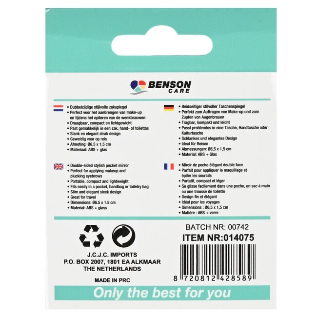 Benson Compacte zakspiegel - dubbelzijdig - stijlvol design - Ø6,5 cm