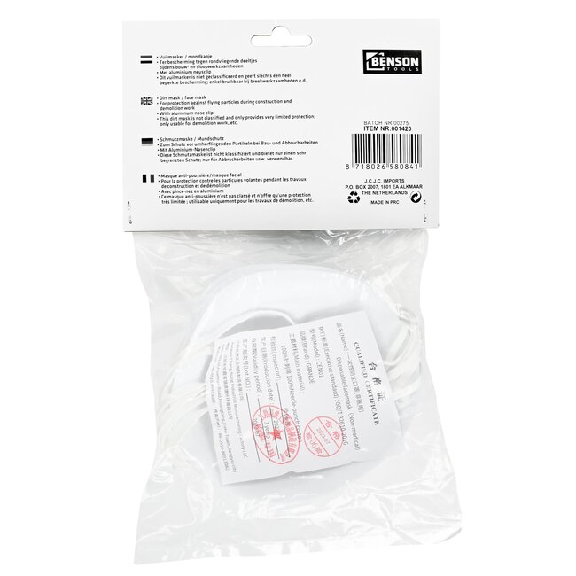 Benson Stofmasker met aluminium neusclip - latexvrij - 6 stuks