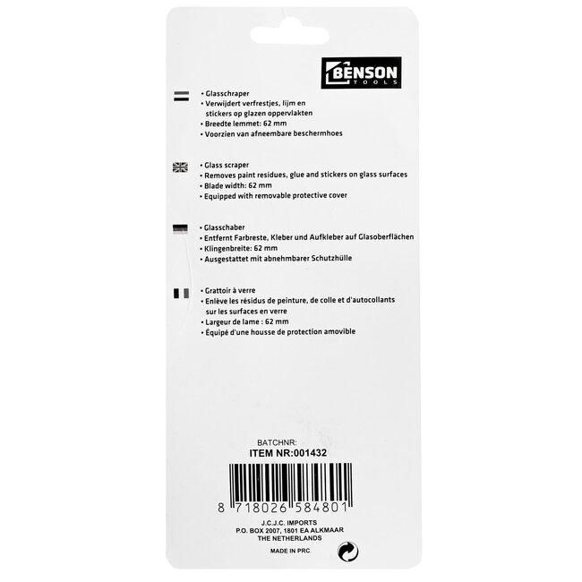 Benson Glasschraper - 62 mm - Zwart - Verwijdert vuil en verf - per stuk