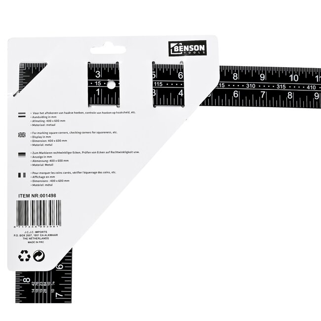 Benson Winkelhaak - Staal - Haakse hoek - Witte cijfers - 400 x 600 mm - Zwart