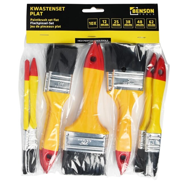 Benson Kwastenset plat - houten steel - geel/rood - 10-delig