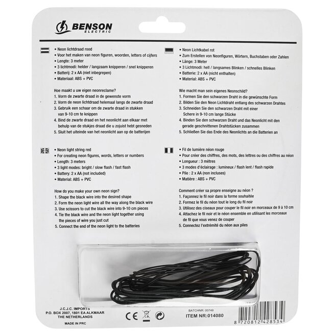 Benson Flexibele neon lichtdraad - 3 meter - rood - 3 lichtmodi - creatief en decoratief