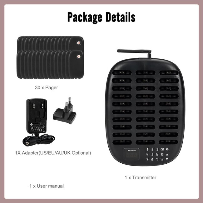 Retekess Gasten oproepsysteem - kunststof behuizing - 23,4 x 14,3 x 3,1 cm - draadloos - zwart - 30 ontvangers - horeca