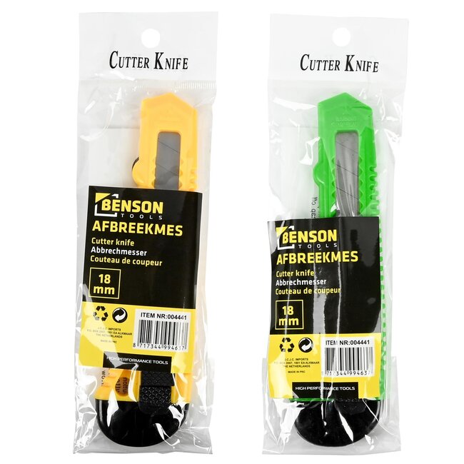 Benson Stanleymes - Afbreekmes 18 mm - Ergonomisch - Veiligheidsfunctie - Groen/Geel
