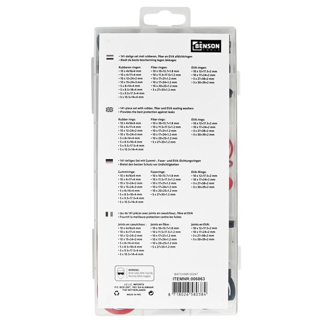 Benson Complete set afdichtingsringen - 141 stuks - 18 maten - rubber, fiber, EVA - voor sanitair en lekbescherming