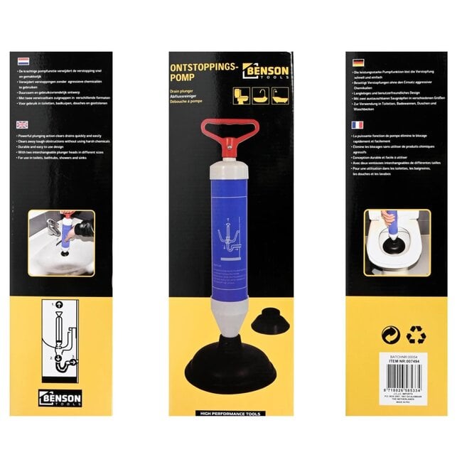 Benson Krachtige gootsteenontstopper - milieuvriendelijk - veelzijdige opzetstukken - 38 cm lengte - 400 kg zuigkracht