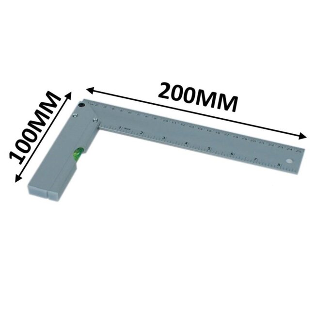 Benson Winkelhaak met waterpas - aluminium - 200 x 100 mm - 20 cm liniaal - 90 graden hoek