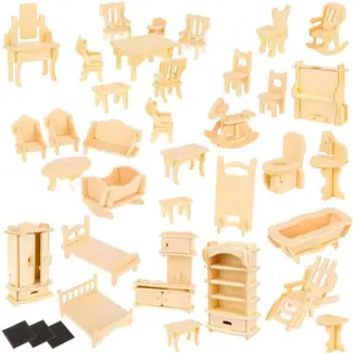 Kruzzel 34-delige Houten Meubelset voor Poppenhuizen - Creatief Speelplezier - 175 onderdelen