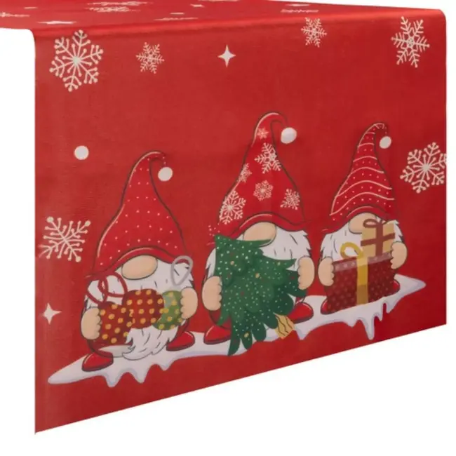 Ruhhy Kerstloper 220x40cm - Rood met Sneeuwvlokken en Kabouters - Perfect voor Feestdagen