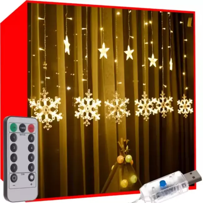 Ruhhy LED Lichtgordijn met Ster/Sneeuwvlok - Warm Wit, 138 LEDs voor Sfeervolle Kerst