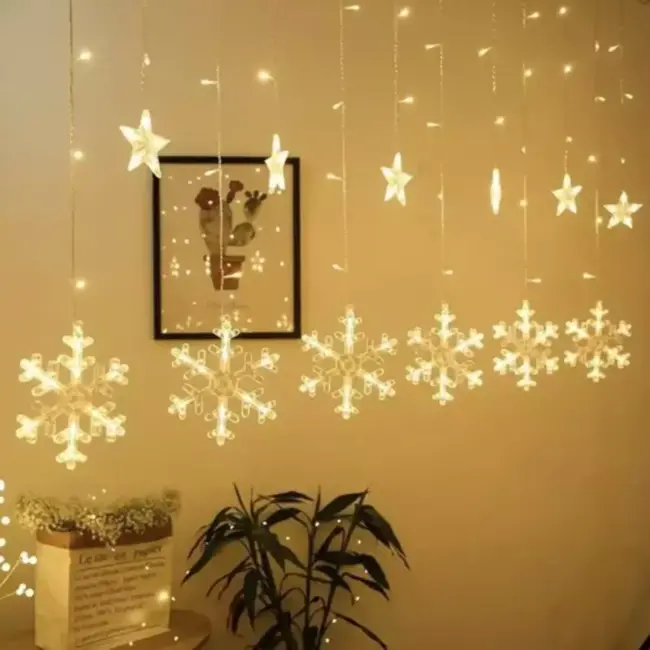 Ruhhy LED Lichtgordijn met Ster/Sneeuwvlok - Warm Wit, 138 LEDs voor Sfeervolle Kerst