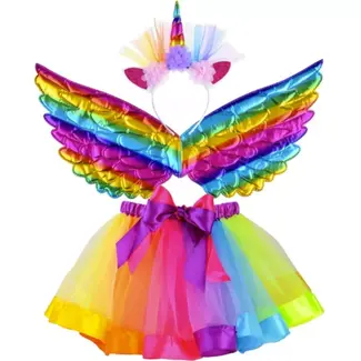 Kruzzel Eenhoorn Kostuum Set: Rok, Vleugels en Haarband in Regenboogkleuren