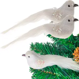 Ruhhy Kerstboomhangers - Vogels 2 Stuks - Elegante Witte Decoratie - Met Verenstaarten