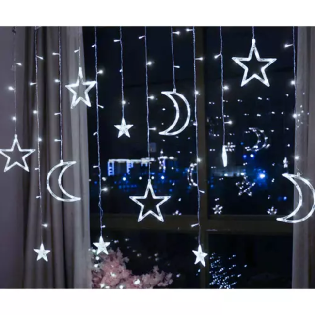 Ruhhy Lichtgordijn met Maan Iconen en Sterren 138 LED - Koel Wit Licht voor een Unieke Sfeer
