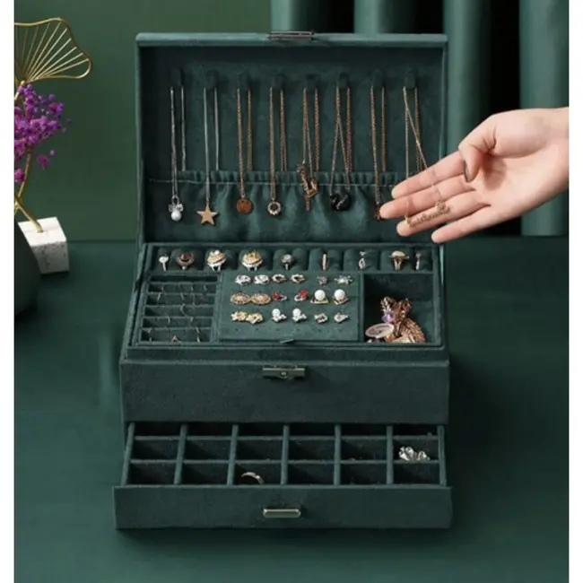 Soulima Velvet Sieradendoos Donkergroen - Luxe en Veilige Opslag voor Sieraden