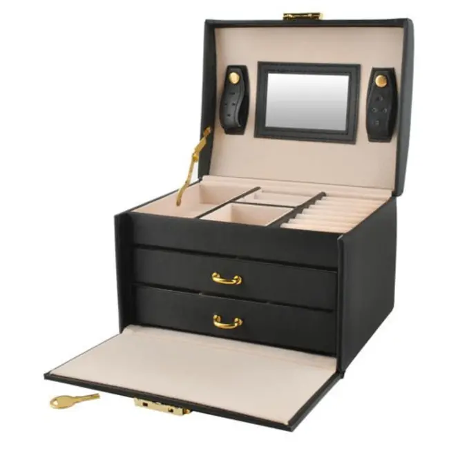 Beautylushh Elegante zwarte sieradendoos met sleutel, spiegel en 20 vakken voor ringen en kettingen