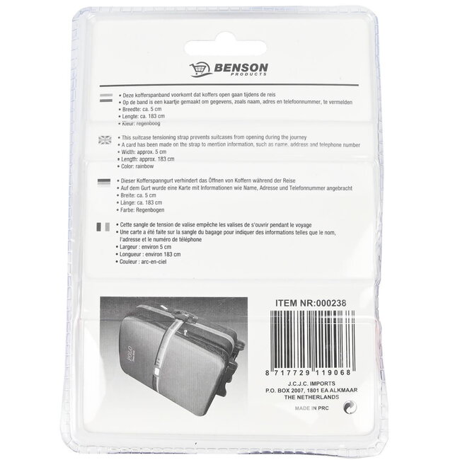 Benson Kofferspanband - Regenboogkleur - 183 cm - Inclusief gegevenskaartje - 5 cm breed