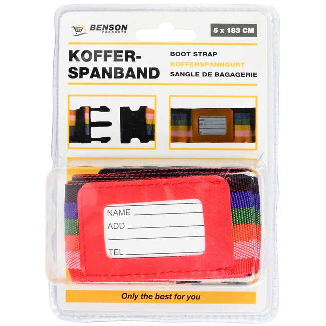 Benson Kofferspanband - Regenboogkleur - 183 cm - Inclusief gegevenskaartje - 5 cm breed