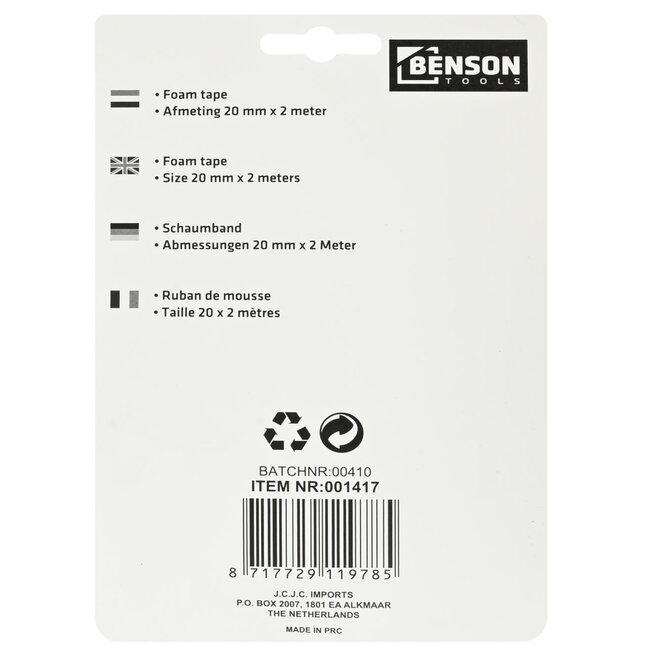 Benson Dubbelzijdige foamtape - 20 mm breed - 2 meter lang - wit - sterke hechting