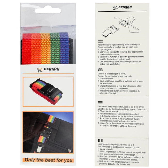 Benson Kleurrijke kofferspanband met cijferslot - 200 cm - extra beveiliging - regenboogkleuren