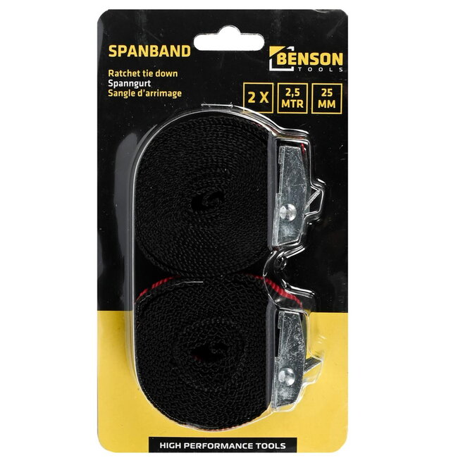 Benson Spanband set - snelsluiting - 2,5 meter - rood/zwart - 2 stuks