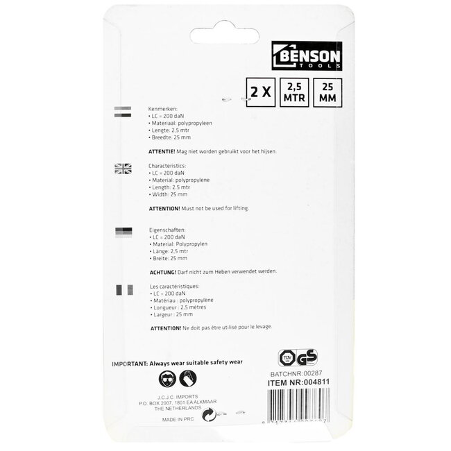 Benson Spanband set - snelsluiting - 2,5 meter - rood/zwart - 2 stuks