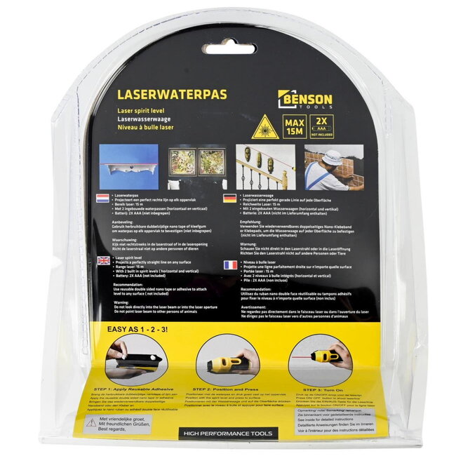 Benson Laserwaterpas - Lijnlaser - 15 meter bereik - Horizontaal en verticaal - Werkt op AAA-batterijen