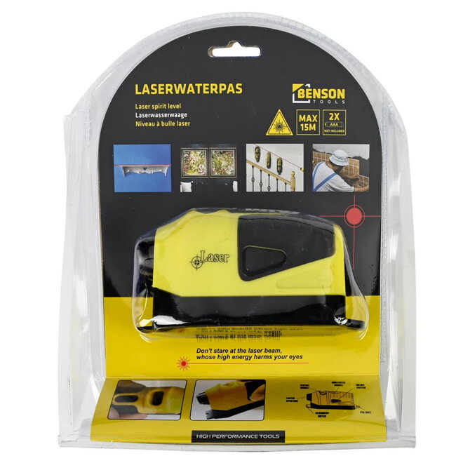Benson Laserwaterpas - Lijnlaser - 15 meter bereik - Horizontaal en verticaal - Werkt op AAA-batterijen