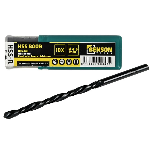 Benson Set van 10 HSS metaalboren - 4.5 mm - gerold spiraalontwerp - rechts snijdend - 79 mm lengte