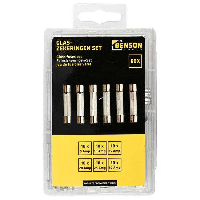 Benson 60-delige glaszekeringen set - 5 tot 30A - Assortiment box - Auto-elektronica