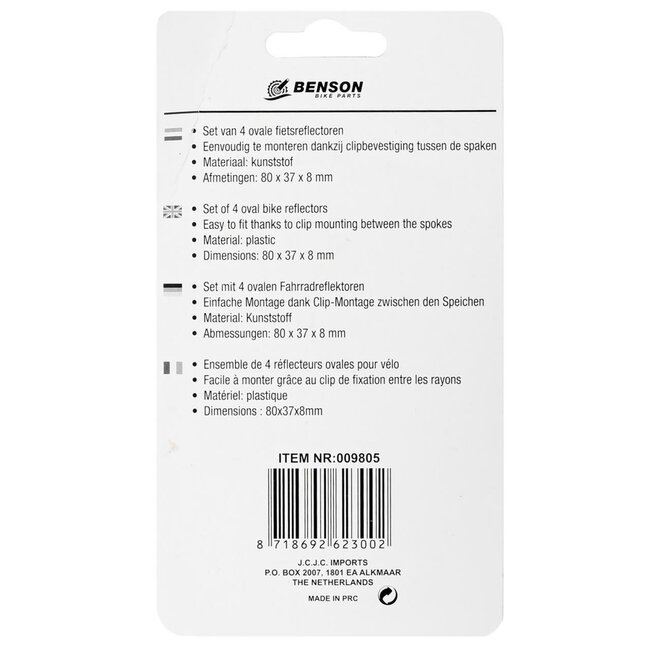 Benson Fietsspaken reflectoren - kleurrijke clips - set van 4 - extra zichtbaarheid