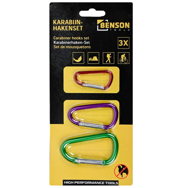 Benson Sleutelhanger karabijnhaak set - Kleurenmix - 3-delig - Lichtgewicht aluminium