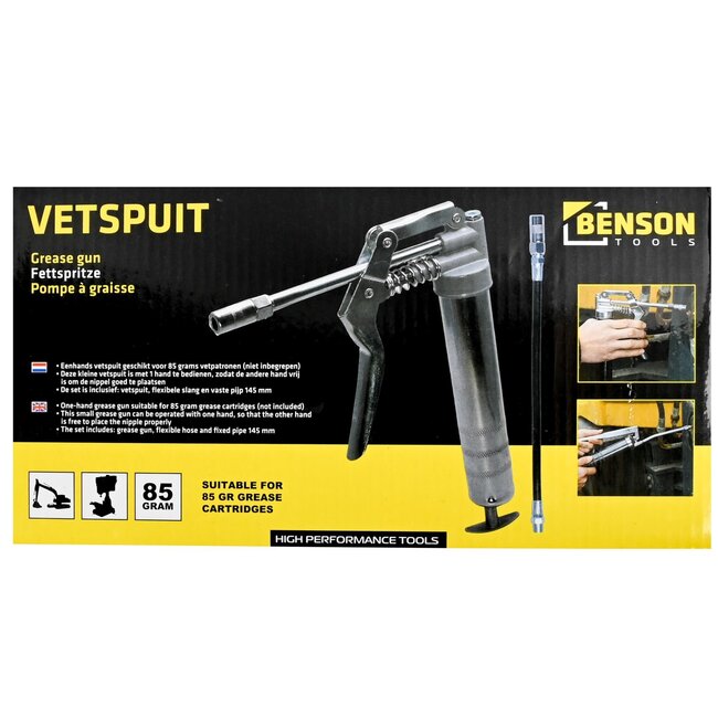 Benson Eenhands vetspuit set - 85 grams patronen - 3-delig - flexibele slang - vaste pijp