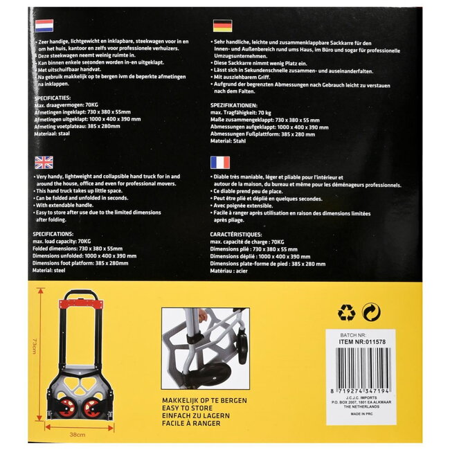 Hofftech Inklapbare steekwagen - stalen uitvoering - maximaal 70 kg - compact en stevig