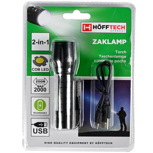 Hofftech Tactical zaklamp - zoomfunctie - LED COB - oplaadbaar - 10 cm - zwart