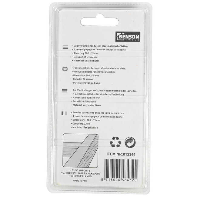 Benson Verbindingsplaat - IJzer - Inclusief Schroeven - 100 x 15 mm - Set van 8 - Roestbestendig