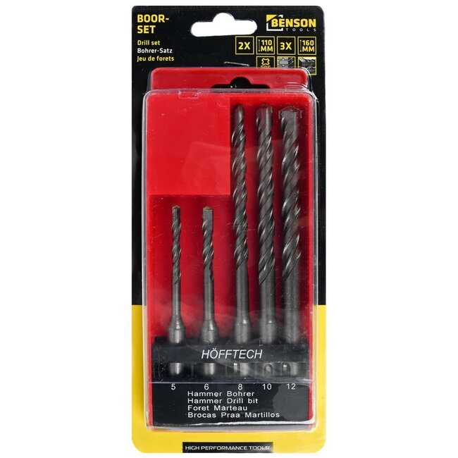 Hofftech Boor- en metselwerkset - 5-delig - SDS-plus compatibel - diamantgeslepen punt - dubbele spiraal - met opbergdoosje